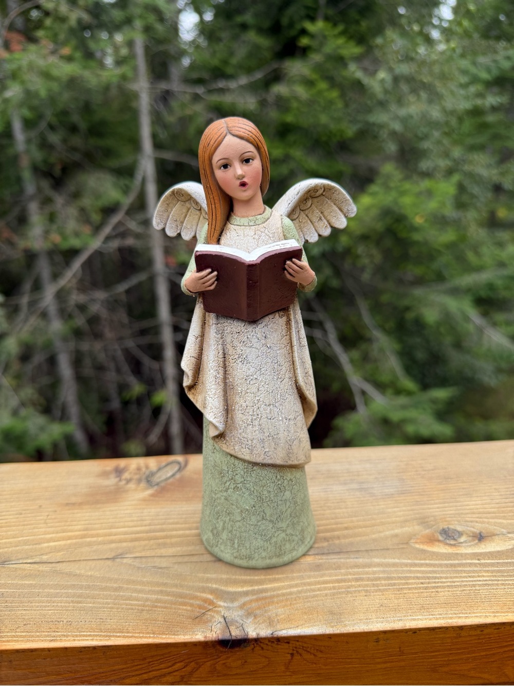 Handcrafted Green and Cream Angel Figurine with Book